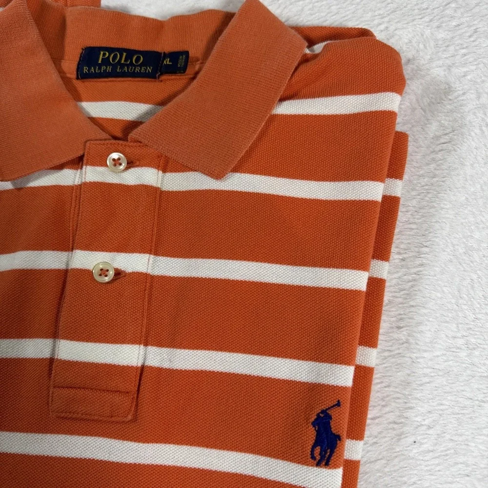 Polo Ralph Lauren Polo Shirt Men's XL‎ Orange White Striped Blue Pony
